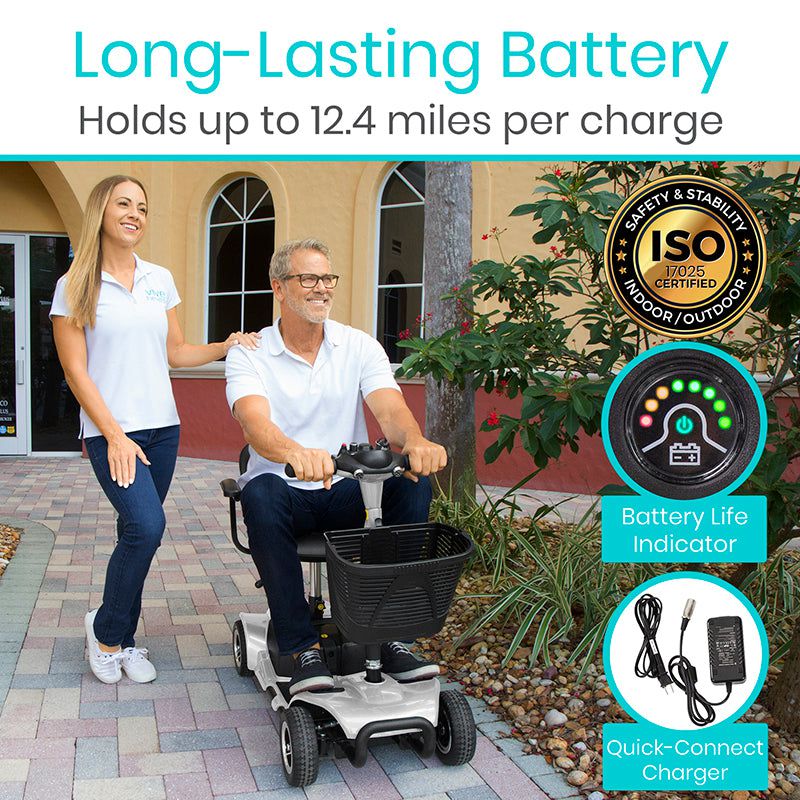 Vive Health Lightweight 4 Wheel Folding Mobility Scooter - Long Distance, Comfort Swivel Seat, w/ Anti-Flat Tires For Seniors