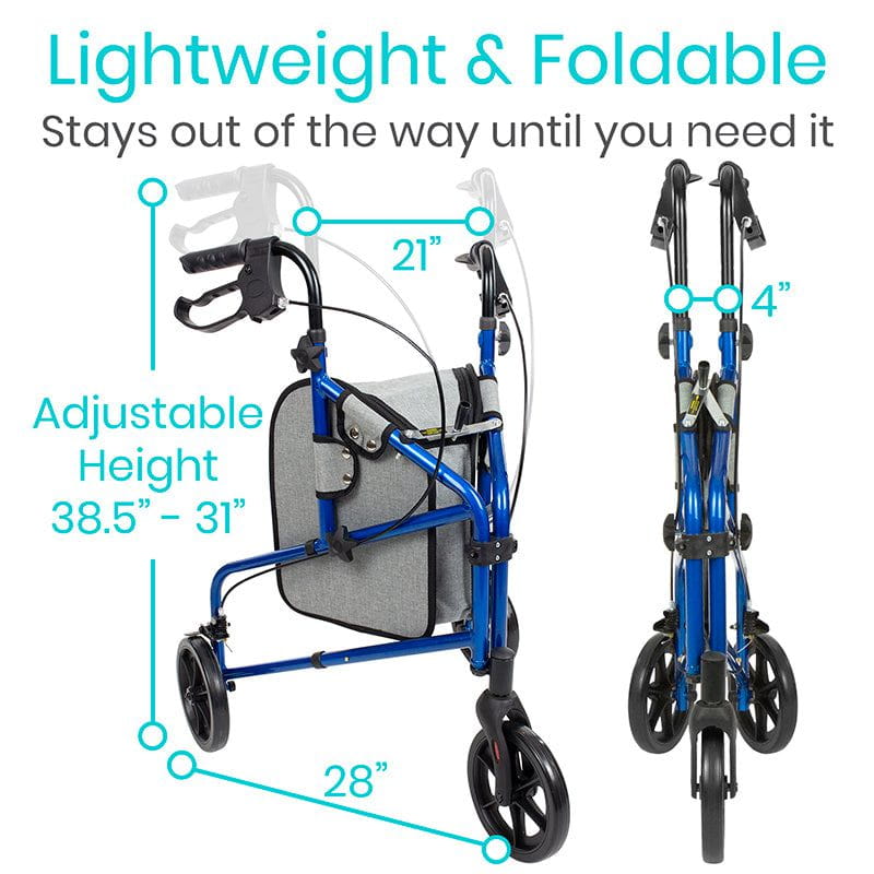 Vive Health 3 Wheel Walker Rollator - Lightweight Folding w/ Adjustable Handles