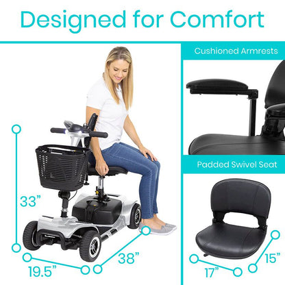 Vive Health Lightweight 4 Wheel Folding Mobility Scooter - Long Distance, Comfort Swivel Seat, w/ Anti-Flat Tires For Seniors